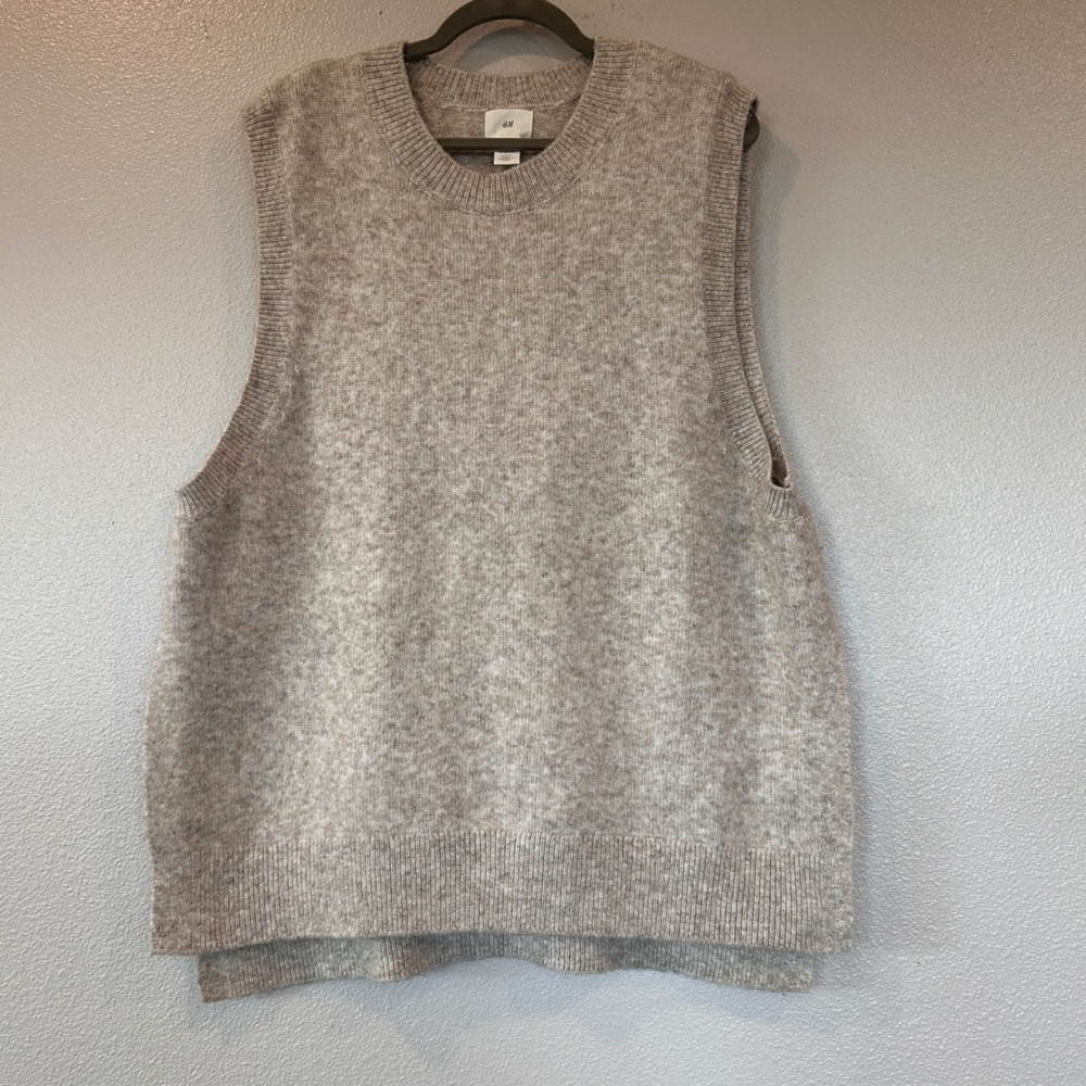 H&M Oversized Marled Wool Blend Sweater Vest Oatmeal Beige Large Side Slit